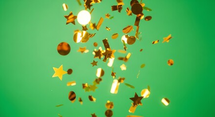 Gold confetti and star shapes falling against green background