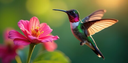 Fototapeta premium Vibrant hummingbird with iridescent plumage, hovering near flower , closeup, nature photography, flower