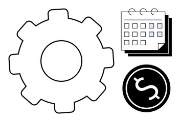Gear signifying operations, calendar for scheduling tasks, and dollar icon for finance. Ideal for business, management, planning, workflow, productivity budgeting and strategy. Simple flat metaphor