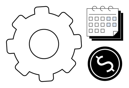 Gear signifying operations, calendar for scheduling tasks, and dollar icon for finance. Ideal for business, management, planning, workflow, productivity budgeting and strategy. Simple flat metaphor