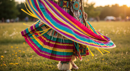 A vibrant Native American ribbon skirt with colorful horizontal stripes, powwow regalia, flowing movement, outdoor setting