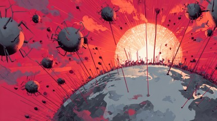 Surreal landscape of giant glowing ticks crawling over a melting earth with radiating red disease vectors.