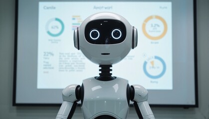 Humanoid robot with friendly expression presenting data insights against a modern office background, tech concept of automation or AI consulting