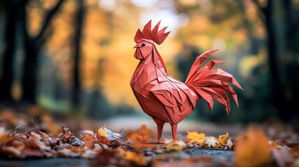 Origami rooster in autumnal park
