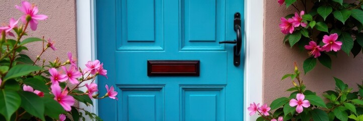 Fototapeta premium Blue door, black handle, pink flowers, house facade, blue door, summer