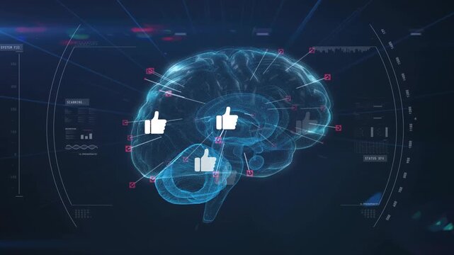 Upon appearing 3D-render brain rotating, markers and thumbs-up icons highlighting brain activity
