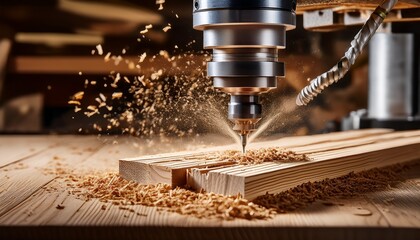 close up of a cnc machine drilling wooden planks with fine wood shavings scattering in a woodworking workshop