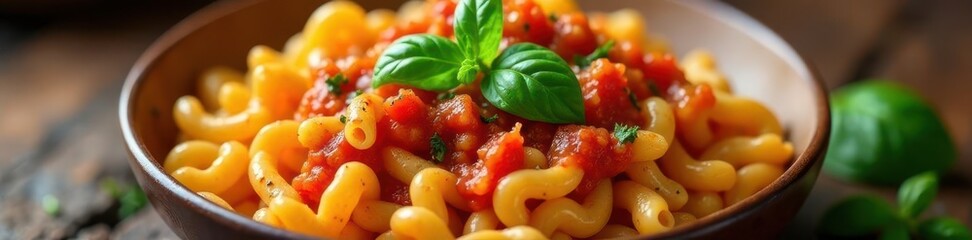 Freshly cooked macaroni pasta with vibrant basil leaves and a rich tomato sauce, tomato sauce, pasta, macaroni