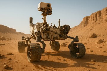 Robust Mars rover explores dusty alien terrain with rugged wheels and scientific instruments