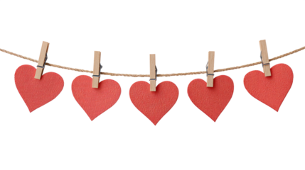 Paper Hearts Hanging on Rope with Small Clips isolated on transparent background Remove png, Clipping Path, pen tool