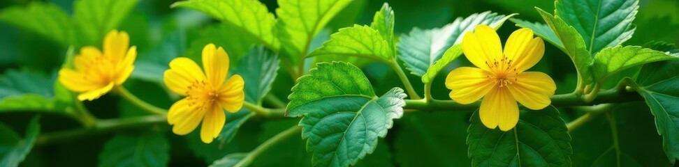 Obraz premium Fresh green leaves on a vine with bright yellow watermelon flowers, outdoor scenery , yellow watermelon flower