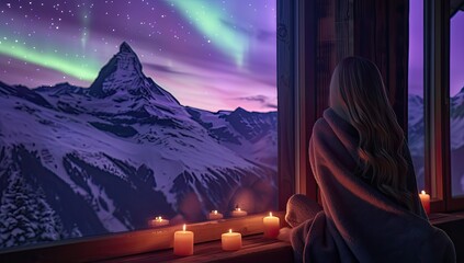 Woman views aurora borealis from mountain cabin window