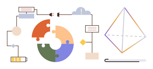 Flowchart with connected icons and text boxes, colorful puzzle wheel, and 3D geometric pyramid. Ideal for process, organization, analysis, brainstorming, planning, learning concept simple flat