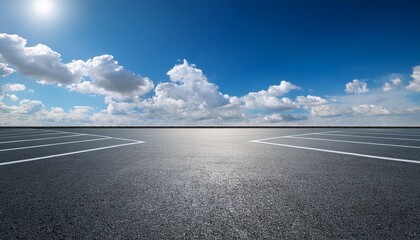 Fototapeta premium empty asphalt parking lot under a bright blue sky with fluffy clouds