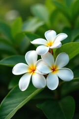 Fototapeta premium Beautiful white plumeria flowers in a lush garden, greenery, tropical plants