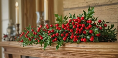 Obraz premium Bright red holly berries adorn a green sprig displayed on a warm wood mantel , branch, winter, festive branch