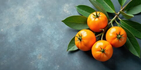 Cluster of vibrant orange kumquats with fresh green leaves against a muted gray backdrop , overhead, studio shot