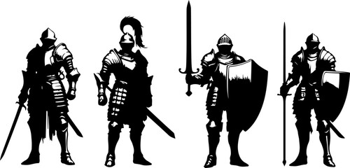 Vector sketch illustration silhouette design of a group of war troops in armor from the classic vintage kingdom era