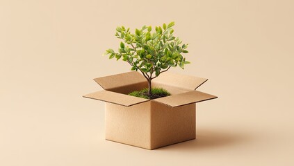 A small, vibrant green plant sprouts from a patch of grass nestled inside an open, square cardboard box against a muted beige background