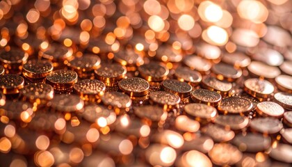 A shimme array of small, round, golden objects, artfully arranged to create a captivating bokeh effect with diffused highlights and warm, glowing tones throughout.