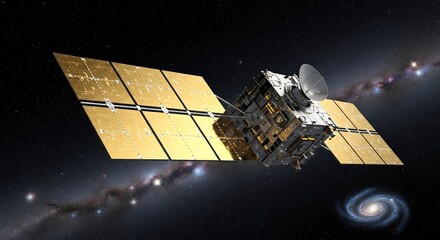 Golden Satellite Navigating the Cosmos Above a Distant Spiral Galaxy