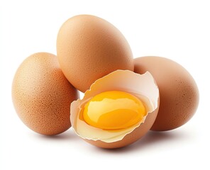 There are two brown eggs and one broken egg placed on a white background