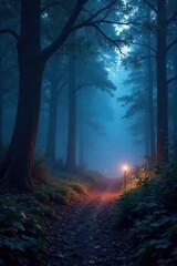 Swirling light patterns illuminate a foggy nocturnal woodland, photo, scene, color