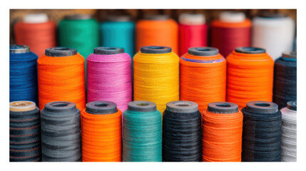 A vibrant display of spools of thread in various colors, showcasing a range of hues perfect for sewing and crafting projects.