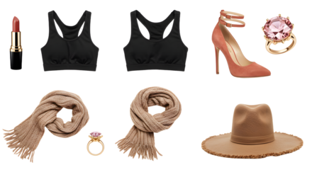 LIFESTYLE - Fashion accessories collection with black sports bras, beige scarf, nude high heels, brown fedora hat, pink gemstone ring, and lipstick