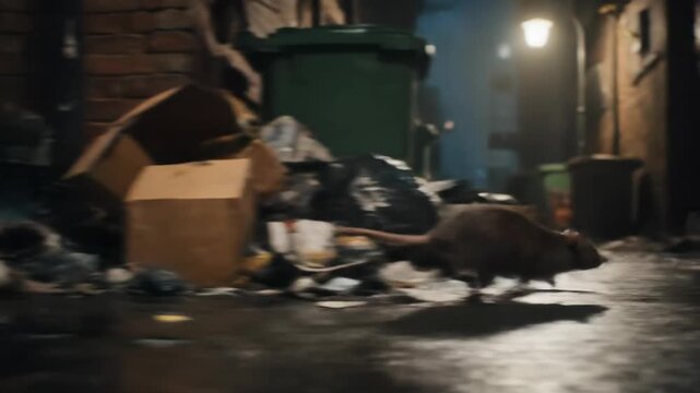 A brown rat scurries past an overturned trash bin spilling refuse with a wooden fence and brick wall in a dark alley
