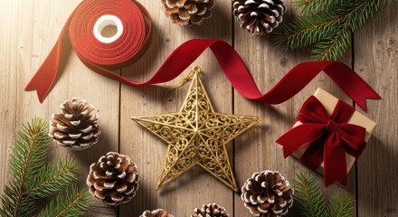 Festive Christmas Decorations With Pine Cones Ribbons And Star Ornaments On A Wooden Table