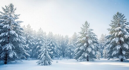 Fototapeta premium Beautiful Snowy Forest with Falling Snowflakes on a Clear Day