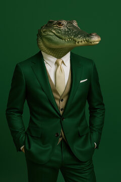 Anthropomorphic crocodile wearing a tailored green suit and vest against a matching studio background creating a humorous luxury business character with confident reptile style and polished attitude