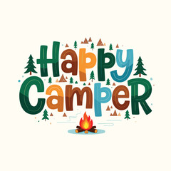 Fototapeta premium Happy Camper with campfire and trees camping outdoors