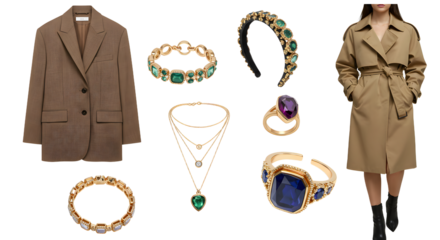 LIFESTYLE - Luxury women's fashion collection featuring elegant camel coat blazer and trench coat paired with gold and gemstone jewelry including rings, bracelets, necklaces, and a decorative headband