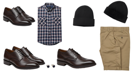 LIFESTYLE - Men's casual and formal clothing collection including leather dress shoes, plaid shirt, knit beanie, shorts, and sunglasses on white background