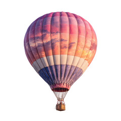 A vibrant hot air balloon, showcasing sunset hues reflected on its surface, floats against a stark black background