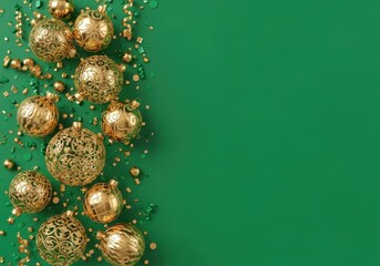 Festive Golden Ornaments Scattered on Vibrant Green Background with Glittering Confetti