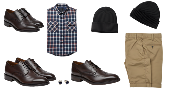 LIFESTYLE - Men's casual and formal clothing collection including leather dress shoes, plaid shirt, knit beanie, shorts, and sunglasses on white background