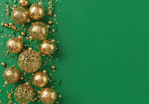 Festive Golden Ornaments Scattered on Vibrant Green Background with Glittering Confetti