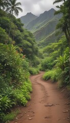 Obraz premium Winding dirt path through lush Hawaiian mountains , volcano, earth, exploration