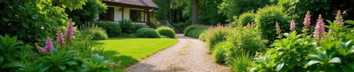 Naklejka premium Weathered gravel path in garden leading to a cottage, , flowers