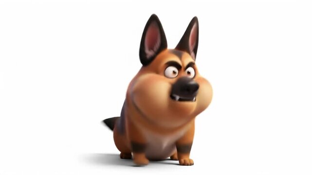 A cartoon German Shepherd dog sits with an angry expression showing teeth and puffed cheeks on a white background