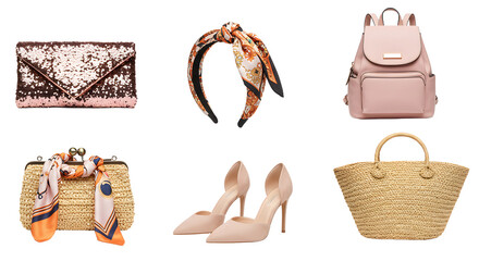 LIFESTYLE - Stylish women's accessories including a sequined clutch, satin headband, leather backpack, straw handbags with silk scarves, and beige high-heel shoes