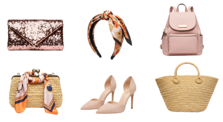 LIFESTYLE - Stylish women's accessories including a sequined clutch, satin headband, leather backpack, straw handbags with silk scarves, and beige high-heel shoes