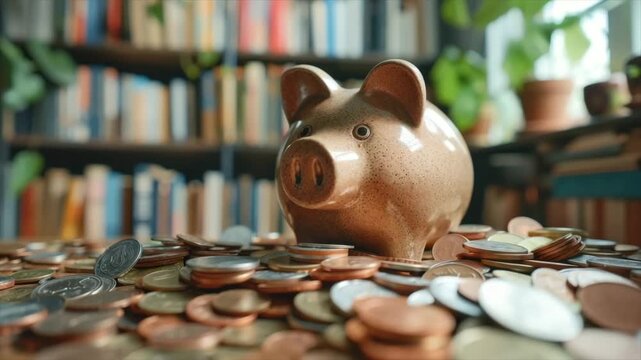 A piggy bank sits on a wooden table among scattered coins in a well-stocked library, symbolizing saving