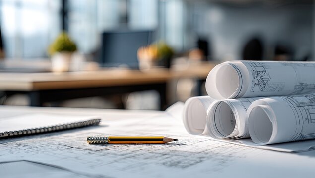 Rolled blueprints and a pencil rest on architectural drawings spread across a desk in a blurred office setting