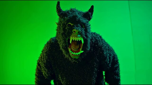 Creature with horns and fur costume standing on a green screen. Monster or demon character with scary expression on chroma key. Footage. Chroma Key 
