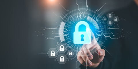 Cybersecurity concept with hand touching digital padlock icon, representing data protection, secure access, and online privacy in futuristic interface. Ideal for IT security content.
