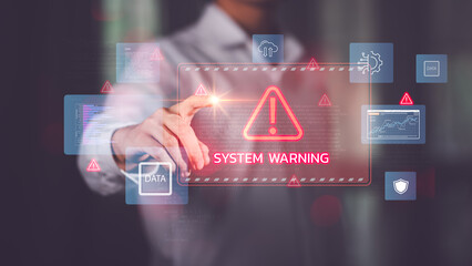 Digital system alert interface with data security warning, cybersecurity threat detection, and technology risk prevention, emphasizing protection, hacking prevention, and network monitoring.